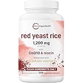Red Yeast Rice 1,200mg with CoQ10 100mg, 240 Veggie Capsules | 4-in-1 with Flush Free Niacin & Fat Soluble Vitamin C | Cholesterol Support & Heart Health Supplements | Filler Free, Non-GMO, No Gluten