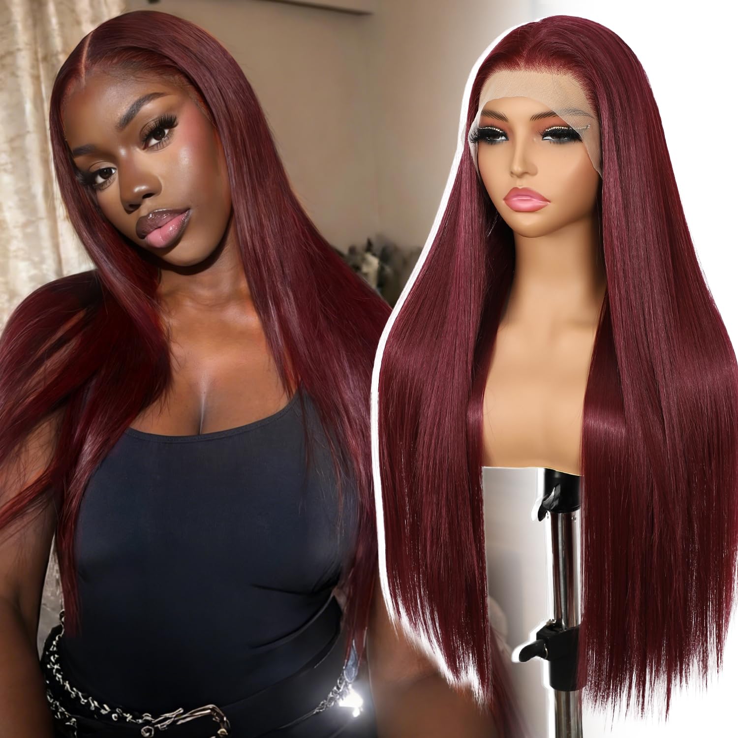 SOMIARIK Straight Lace Front Wig, 13x6 Burgundy Red Synthetic Middle Part Glueless Transparent Lace Front Wigs for Women Bleached Knots Pre Plucked with Baby Hair 26 Inch — image 1