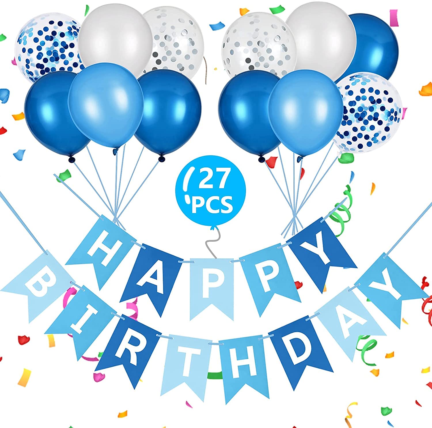 Vicloon Birthday Banner Kit, 27PC Bunting Balloons, Triangle Flag Banner and Confetti Latex Balloons for Party Supplies (Blue)