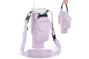BUFILEA Carrier Bag with Phone & Flap Pockets Accessories for Stanley 40/30oz Tumbler with Handle, Insulated Neoprene Cup Holder Carrier Bag w/Shoulder & Handheld Strap Fits Stanley Cup Accessories