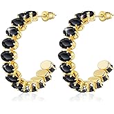 Linawe Hypoallergenic Stainless Steel Chunky Hoop Earrings for Women, Gold/Silver Tones, Birthstone Rhinestone Imitation Diamond Crystal Cubic Zirconia Large Half Hoop Earrings