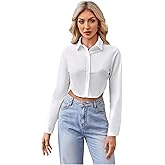 Floerns Women's Casual Button Down Long Sleeve Curved Hem Blouse Crop Tops