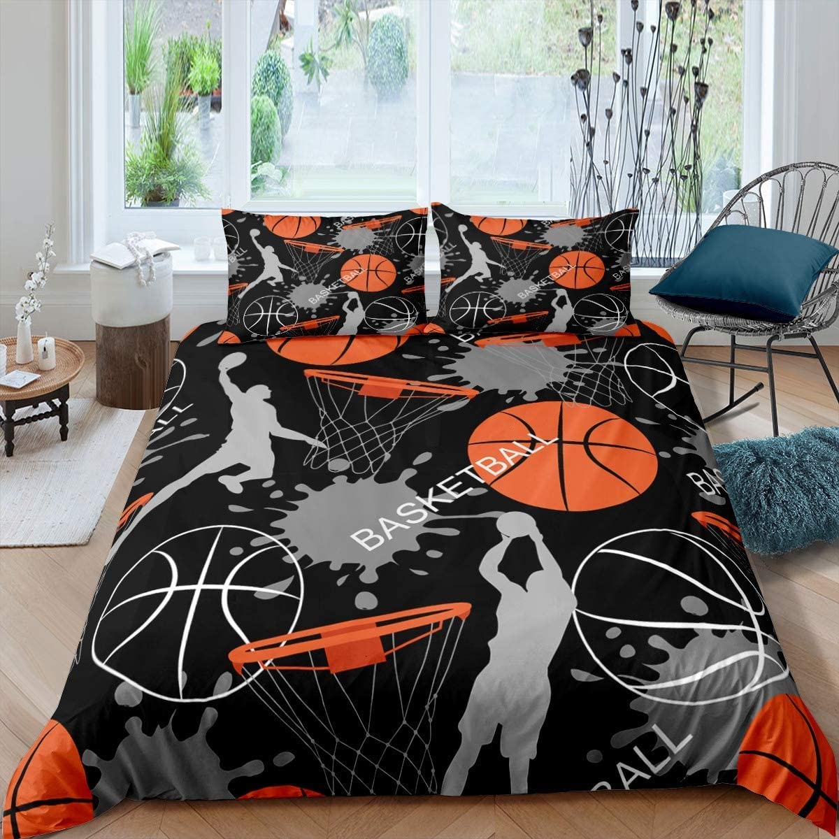 Loussiesd Kids Basketball Bedding Set Cool Sport Theme Duvet Cover Boys Sports Comforter Cover Set for Kids Childs Boys Teens 1 Duvet Cover with 2 Pillowcases Black Orange Double Size — image 1