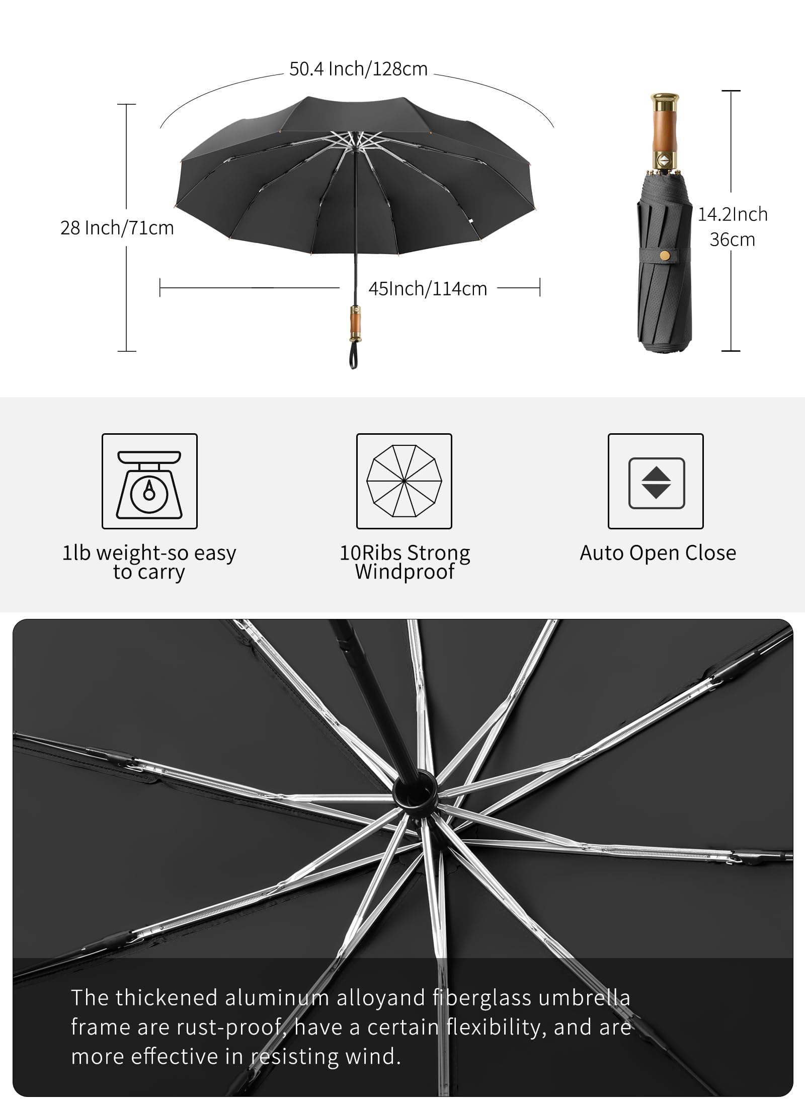 Rain Cats Large Umbrella 45 Inch diameter Umbrellas for rain Strong10 Ribs Fiberglass Windproof big Compact Automatic portable Folding Travel/Thick Fabric/Wood handle
