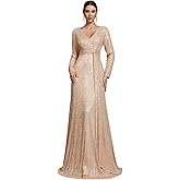 BluePlum V-Neck Maxi Formal Dress with Long Sleeve, Sequin & Knot, A-Line Embroidered Evening Gown for Party, Prom & Cocktail