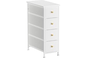 YILQQPER Narrow Dresser Storage Tower with 4 Drawers, Slim Dresser Chest of Drawers with Steel Frame, Wood Top, Golden Knobs, for Bedroom, Bathroom, Small Spaces, Laundry, Closet, White