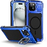 Lanhiem for iPhone 15 Plus Metal Case, [Built-in Camera Kickstand & Glass Screen Protector] Heavy Duty Full Body Military Rugged Shockproof Magnetic Aluminum Alloy Cover for 15 Plus 6.7" (Blue)