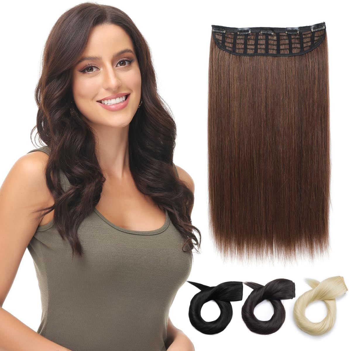 Yamel Clip in Hair Extensions One Piece 5 Clips Long 16 inch Chestnut Brown Straight Synthetic Hairpieces 3/4 Full Head Clip in Hair Extension — image 1