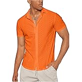 WDIRARA Men's Hollow Out Button Down Shirts Summer Collared Neck Short Sleeve Shirts