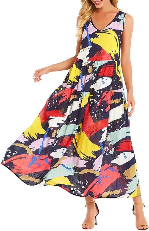 YESNO Women Summer Casual Sleeveless V Neck Dresses Bohemian Long Maxi Swing Beach Dress (S, A 