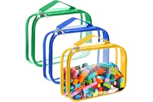 Sanwuta 3 Packs Toy Storage Bags with Zipper, Clear PVC Organizing Waterproof Toy Bags for Board Games, Building Blocks, and Kids Books(12.6 x 9 x 2.36 Inch,Blue, Yellow, Green)