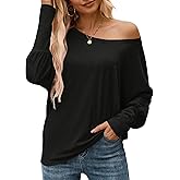 AUSELILY Women's Off Shoulder Long Sleeve T-shirts Boat Neck Batwing Tunic Tops Loose Casual Oversized Shirts 2025 Fall New