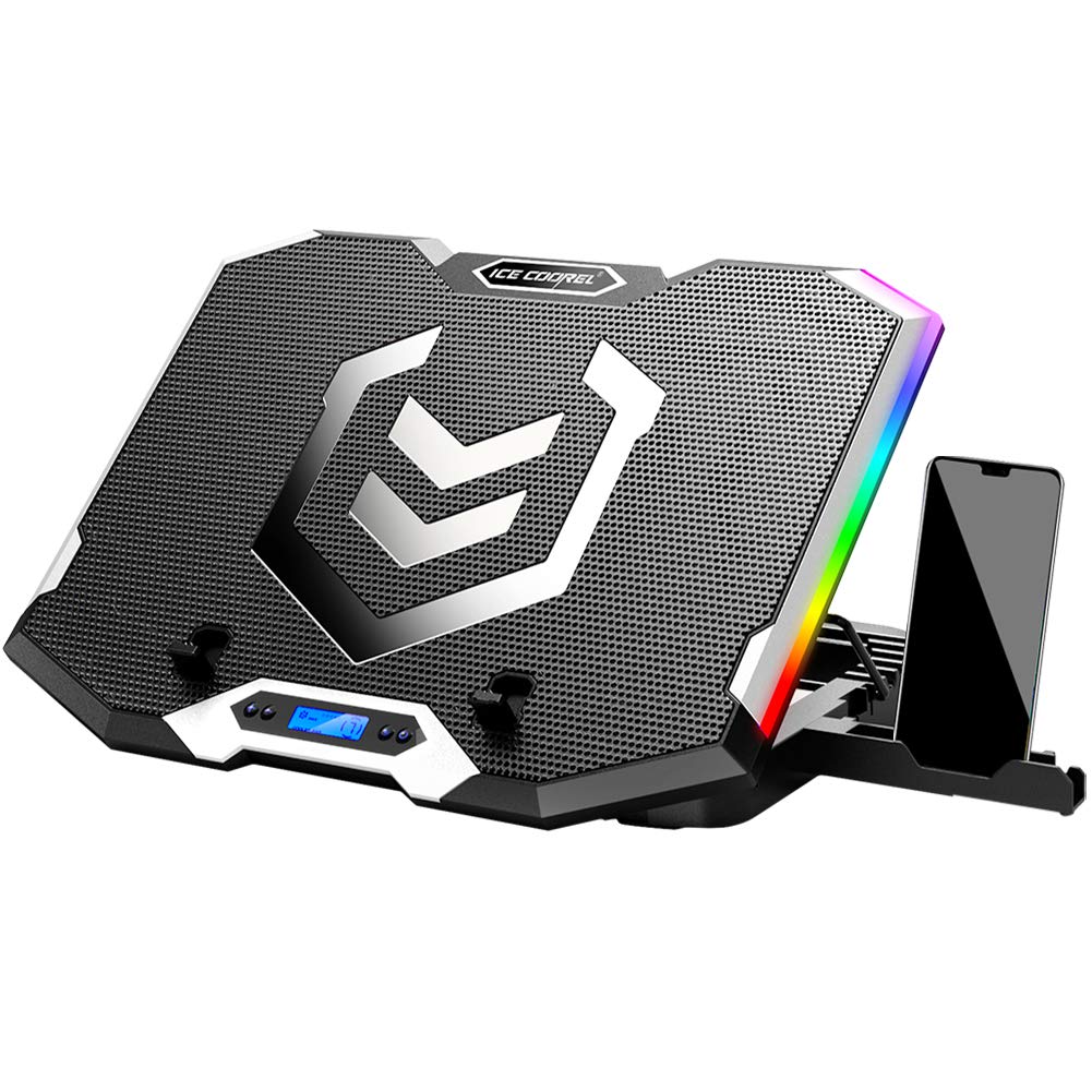 ICE COOREL Gaming Laptop Cooling Pad 15-17.3 Inch, Laptop Fan with 6 RGB Cooling Fans, Laptop Cooling Stand with 6 Height Adjustable, Laptop Cooler with LCD Screen, 2 USB Ports, Phone Stand