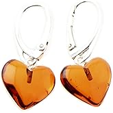 TheNaturalAmber Cognac Baltic Amber Heart Drop Earrings for Women – Genuine Amber and 925 Sterling Silver Dangle Jewelry