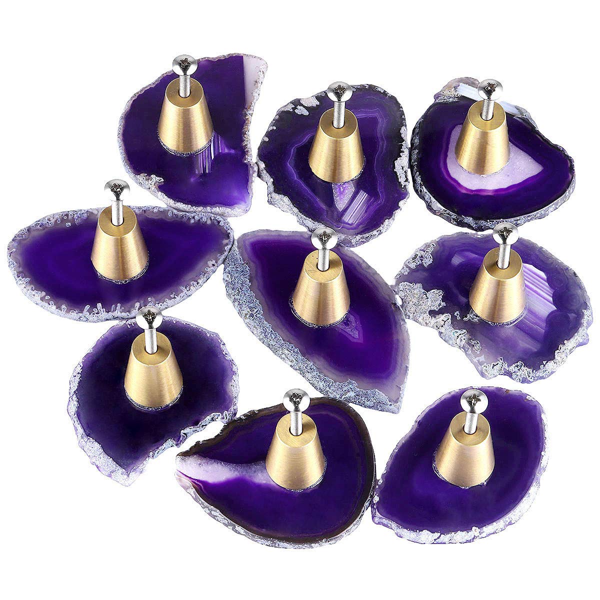 mookaitedecor Set of 6 Drawer Knobs Natural Purple Agate Brass Decoration Furniture Drawer Cabinet Knob Handle