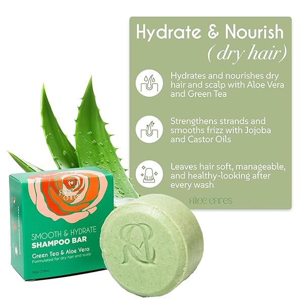ALICE CARES MOISTURIZING SHAMPOO BAR FOR DRY & FRIZZY HAIR – WITH GREEN TEA, ALOE VERA & ROSEMARY OIL – SOLID, PH-BALANCED & SULFATE-FREE – ZERO WASTE, TRAVEL-FRIENDLY