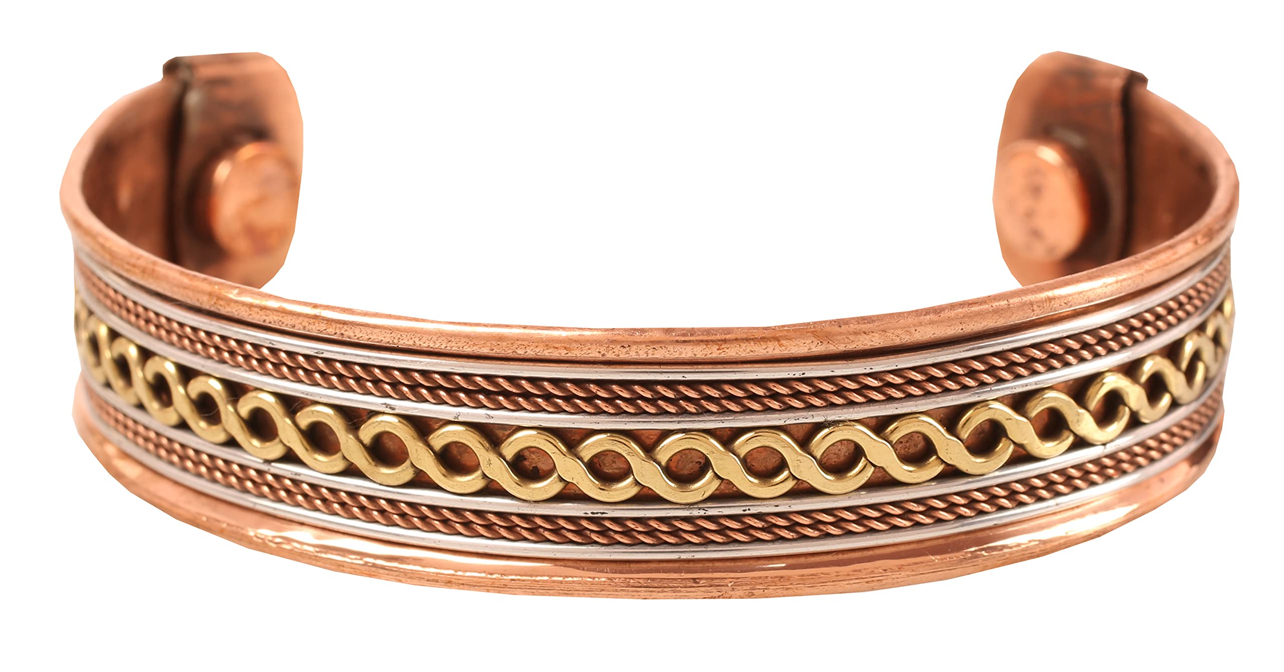 Touchstone Handcrafted Copper Magnetic Hand Forged With Solid And High Gauge Wires Braids Motifs Minimalistic Elegance Pure Copper Bracelet In Triple Tones.