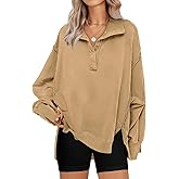 SHEWIN Womens Reverse Seam Snap-Button Henley Sweatshirt Casual Loose High Low Split Pullover Tops