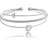 NTLX CZ Bangle Bracelets for Women - Cubic Zirconia Bracelet – CZ & Rhinestone 3 Line Memory Wire Bracelet – Silver, Gold, Rose Gold Plated - Moon & Star Design - with Gift Box included - Great Gift