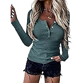 BTFBM Women Long Sleeve Shirts Fall Tops V Neck Button Up Henley Shirts Slim Fit Ribbed Knit Spring Casual T-Shirts 2026
