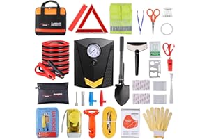 Vetoos Car Roadside Emergency Kit with Jumper Cables, Auto Vehicle Safety Road Side Assistance Kits, Winter Car Kit Essentials for Women and Men, with Portable Air Compressor, Folding Survival Shovel