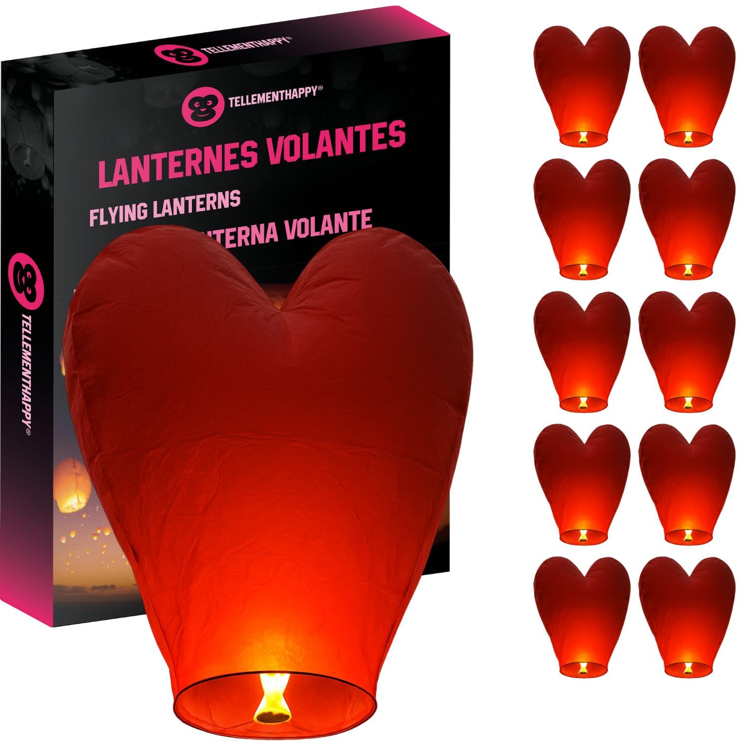 Chinese Sky Lanterns Red Heart Set 10 Pack - Quality Biodegradable Floating Lantern for Weddings, Birthdays, Memorials - Eco-Friendly Wish Lanterns to Release in Memory TellementHappy™