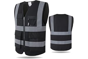 Kazsaifo Reflective Safety Vest for Men Women with 8 Pockets and Zipper High Visibility Mesh Construction Work Vest Meets ANSI/ISEA Standards (KZ170-Black, M)