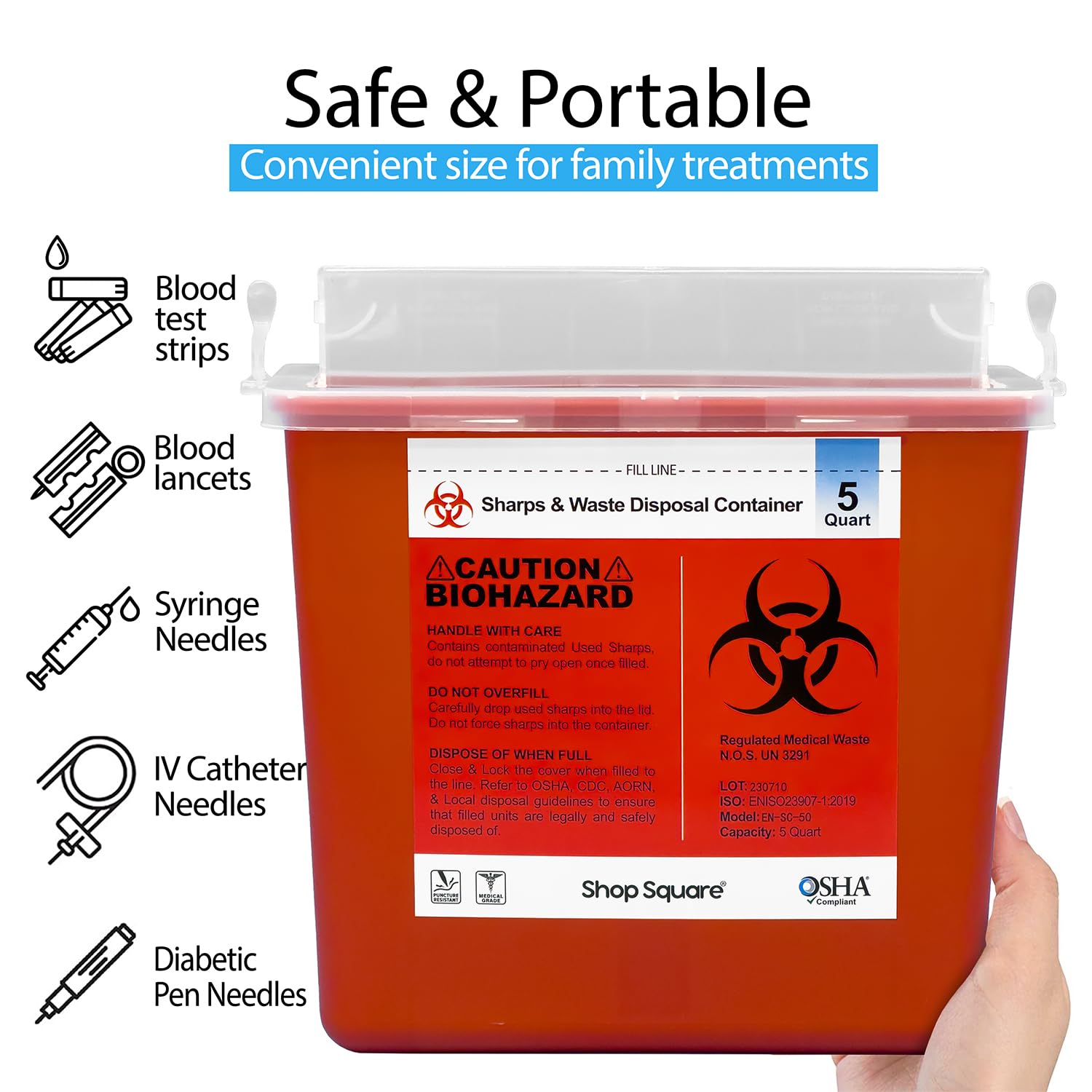 Sharps Container for Home Use and Professional - 5 Quart (2 Pack) Large Sharps Container, Needle Disposal, Touch Free Rotating Lid
