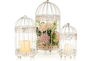 NUPTIO Decorative Candle Lanterns White: 3 Pcs Distressed White Metal Bird Cage Indoors Lantern Centerpiece Assorted Rustic B