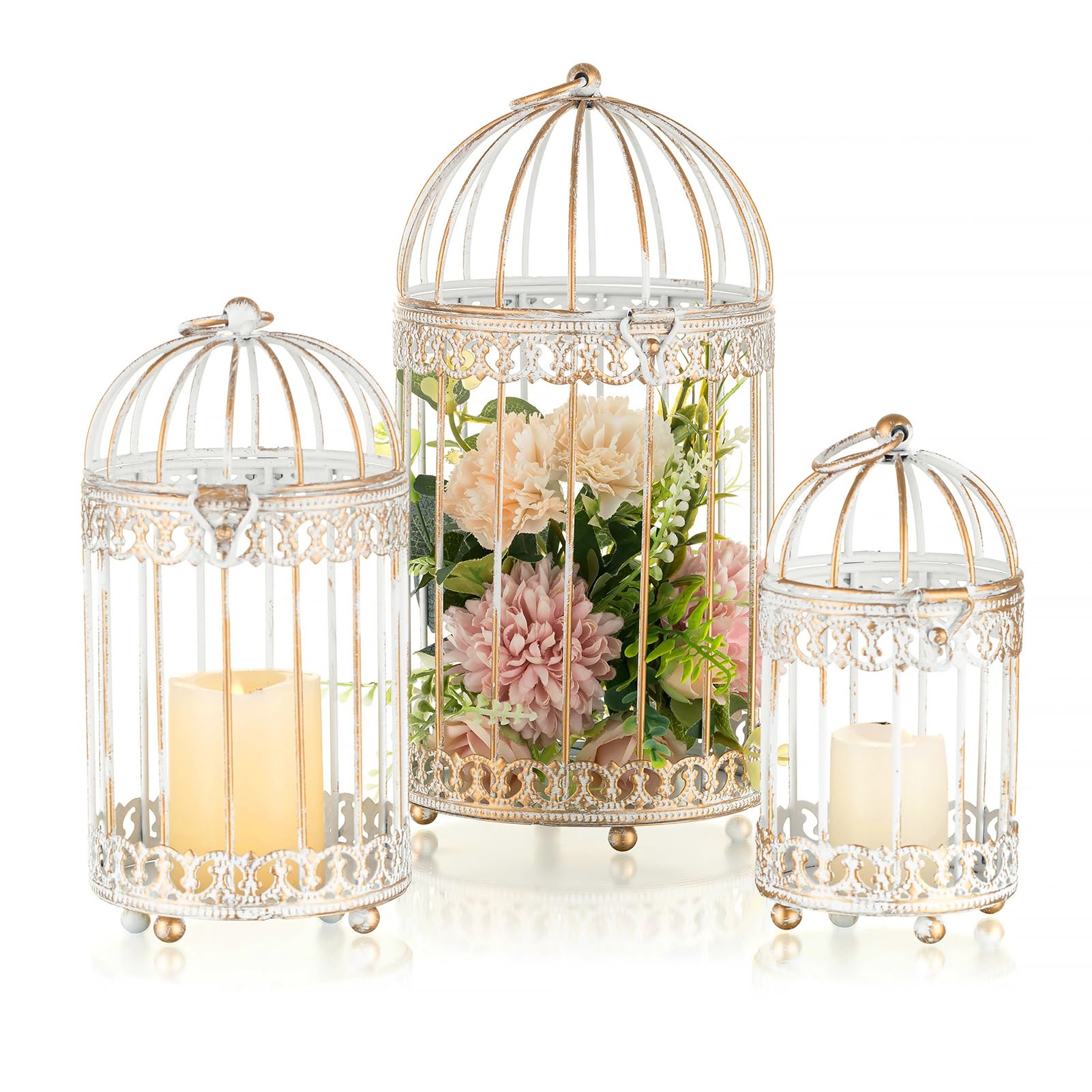 NUPTIO Decorative Candle Lanterns White: 3 Pcs Distressed White Metal Bird Cage Indoors Lantern Centerpiece Assorted Rustic Birdcage Pillar Candle Holders for Home Living Room Porch Office Decoration