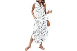 WNEEDU Women Summer Dress Maxi Casual Loose Beach Sundresses V Neck Sleeveless Dresses with Pockets