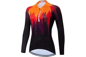 PIMAODOG Women's Long Sleeve Cycling Jersey, Quick Dry Bike Top with Reflective Strip, Zipper and Pockets