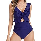 Zaverse Womens One Piece Swimsuit Tummy Control Ruffle Bathing Suit Cutout V Neck Swimwear Ruched Slimming Monokini