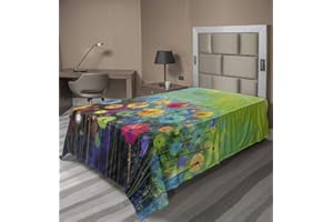 Ambesonne Flower Flat Sheet, Dandelions Featured in Garden Brushstrokes Watercolored Abstract Landscape Art, Soft Comfortable Top Sheet Decorative Bedding 1 Piece, Twin Size, Green Yellow