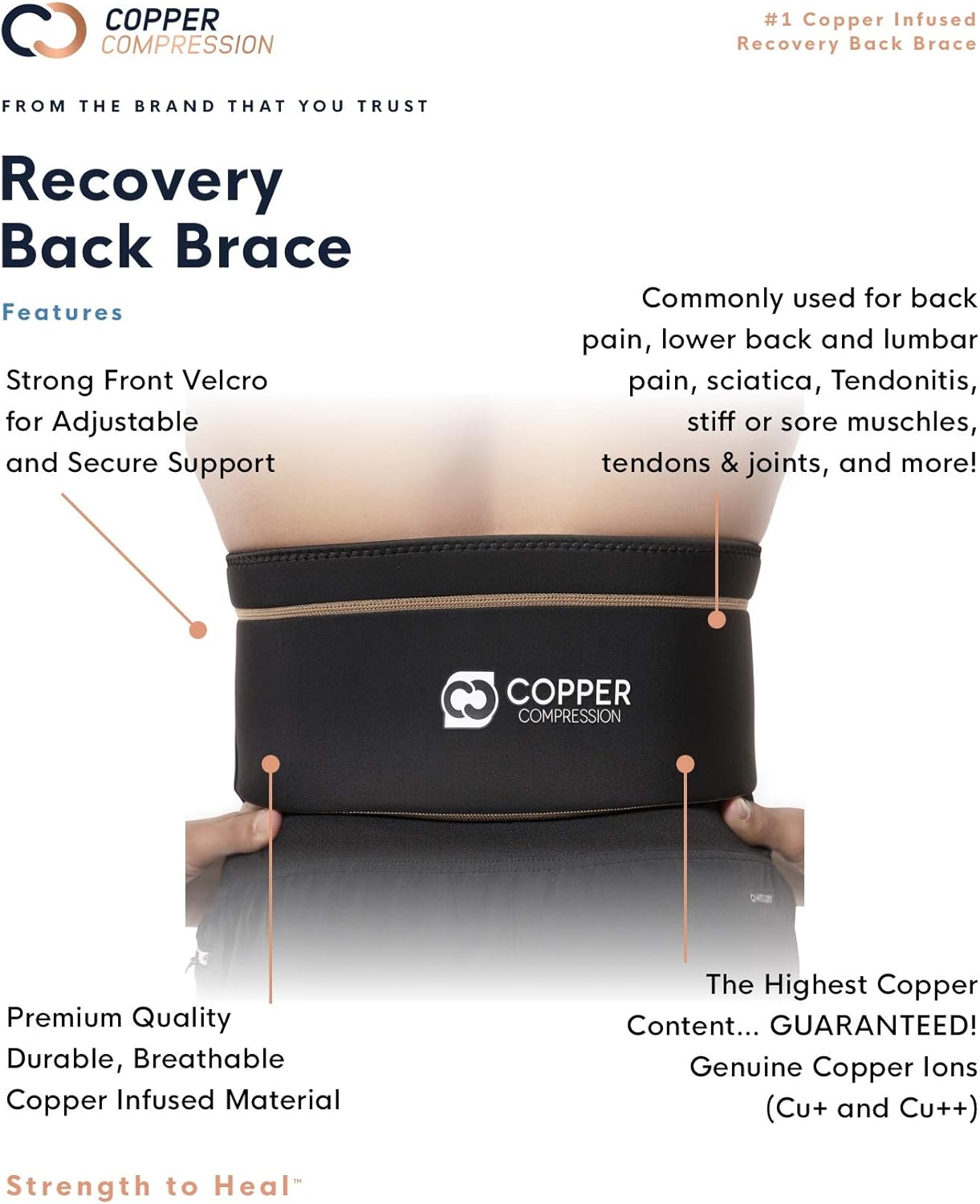 Copper Compression Recovery Back Brace - Highest Copper Content Back Braces for Lower Back Pain Relief. Lumbar Waist Support Belt Fit for Men + Women. Small/Medium (Waist 28" - 39"): Health & Personal Care