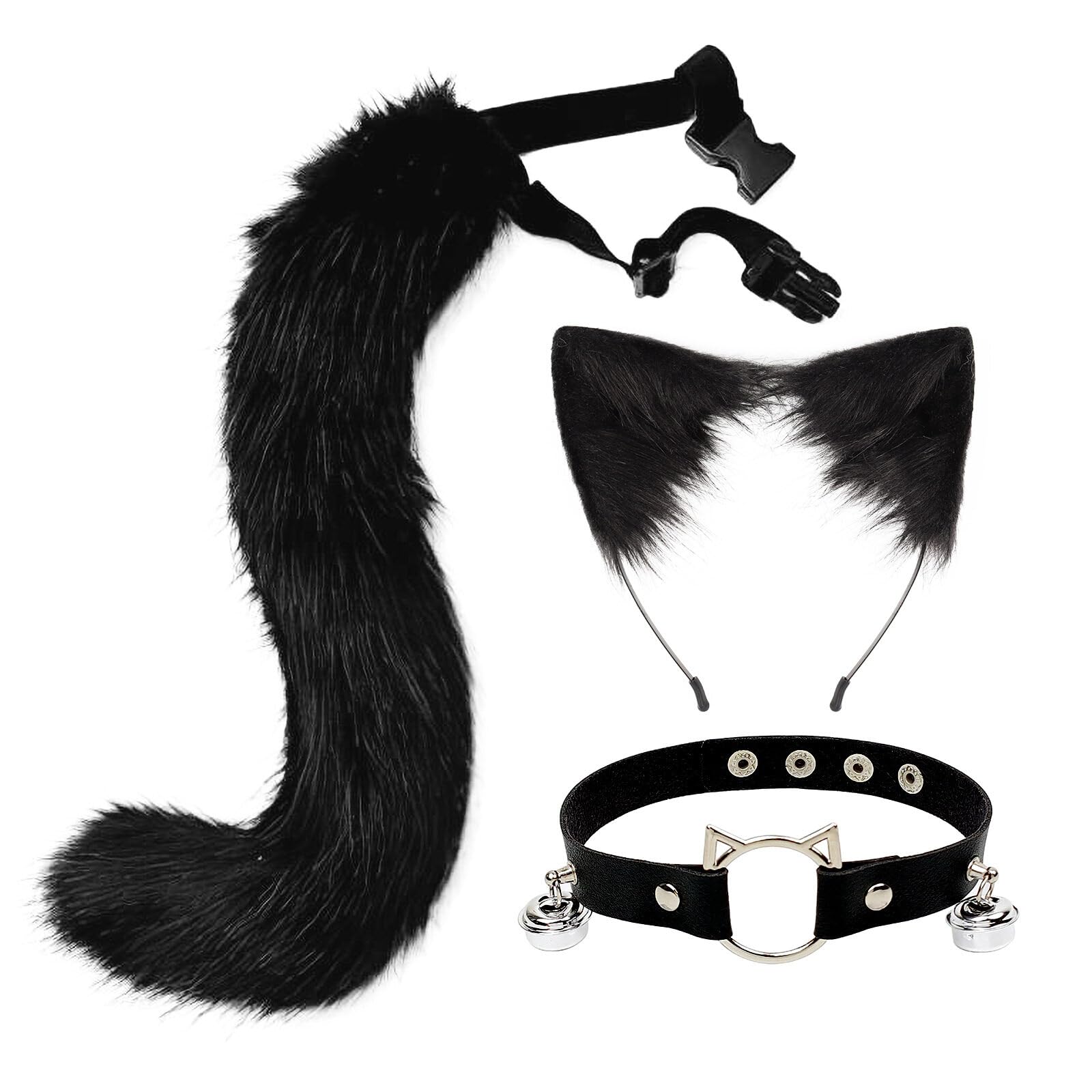 Tail and Ears Set Long Fox Tail Cosplay Faux Fur Furry Fox Wolf Tail Kit with Ears and Bells Collar for Anime Fancy Dress Party Halloween Christmas Dress Up Carnival Role Play