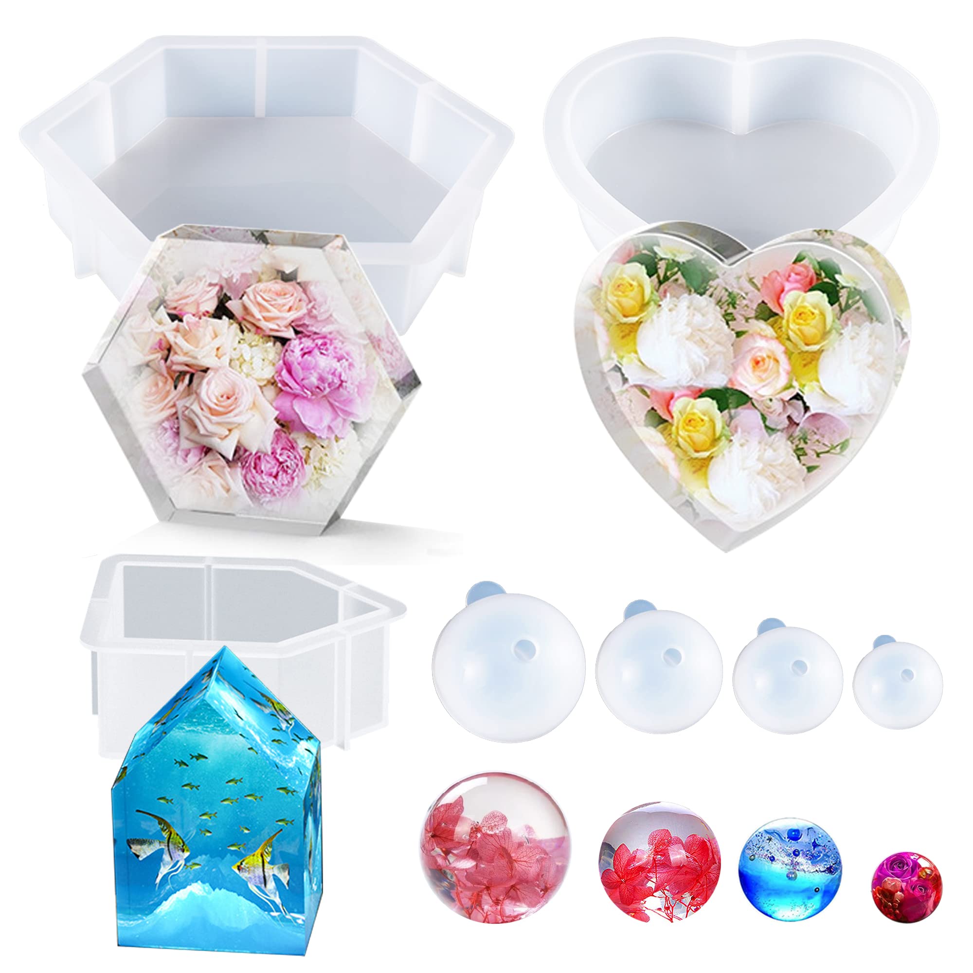 Cayway 7 PCS Large Resin Molds, Heart Shape Silicone Molds for Resin, Hexagon Deep Resin Molds for Flowers Preservation, Large House Resin Mould for DIY Wedding Gift, Home Decors