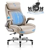 COLAMY Office Ergonomic Desk High Back Executive Chair with Pop-Out Lumbar Support, Upgraded Casters, Adjustable Headrest, Flip-Up Arms, Leather Home with Thick Cushion for Comfort - Khaki