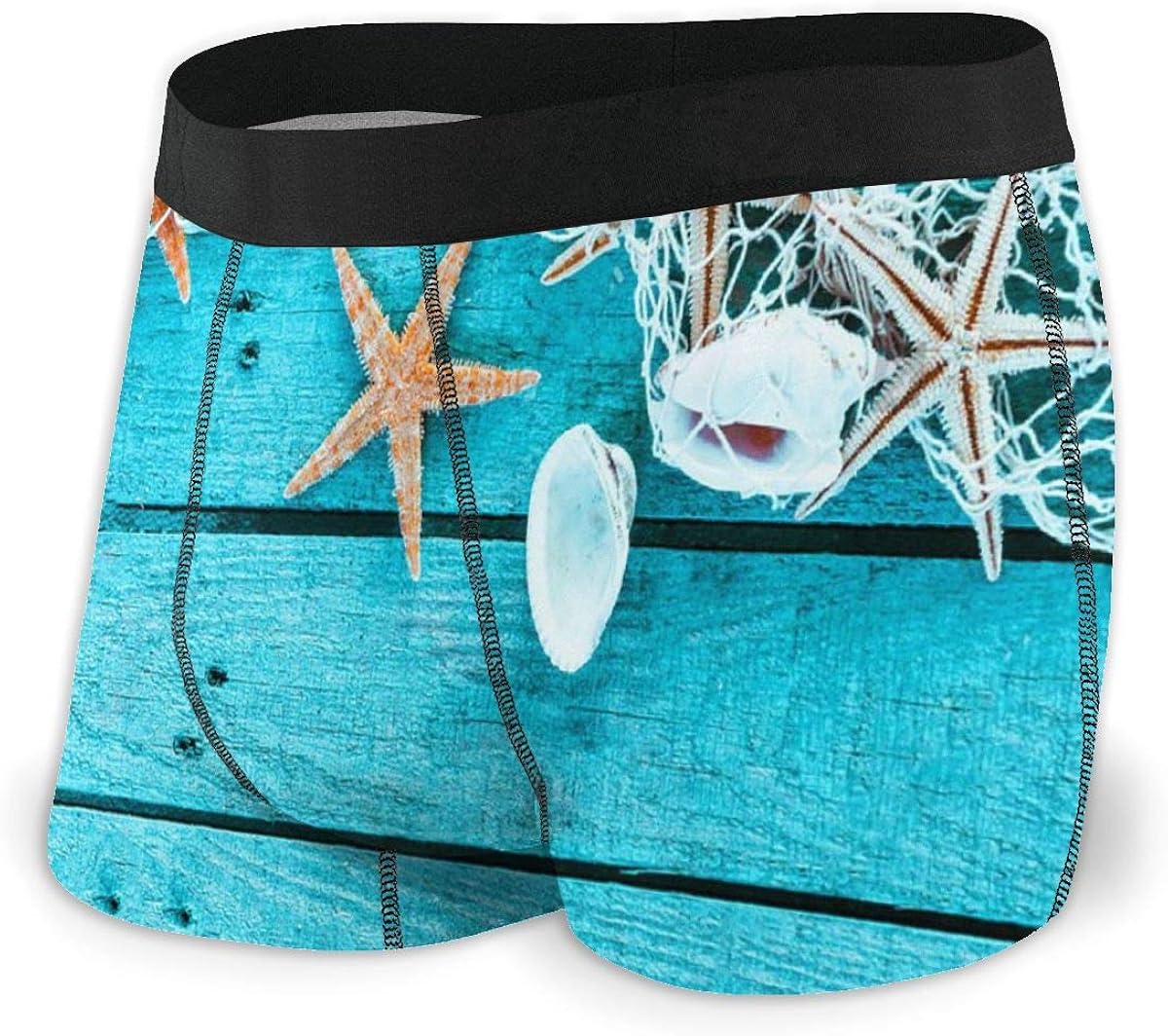 Mens Boxer Briefs Fishing Net Shells and Starfish On Blue Wooden Board Boys Trunks Underwear Short Leg Breathable Man