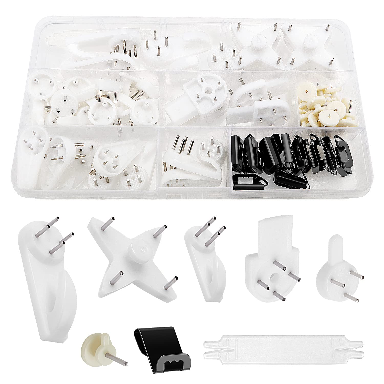 VooGenzek 72 PCS Frame Hook, Picture Hanging Hook, White Non-Trace Hardwall Hanger Hook Kit, Plastic Invisible Drywall Nail Set for Hang Photo Frames, Clocks, Wedding Photos, Mirrors — image 1