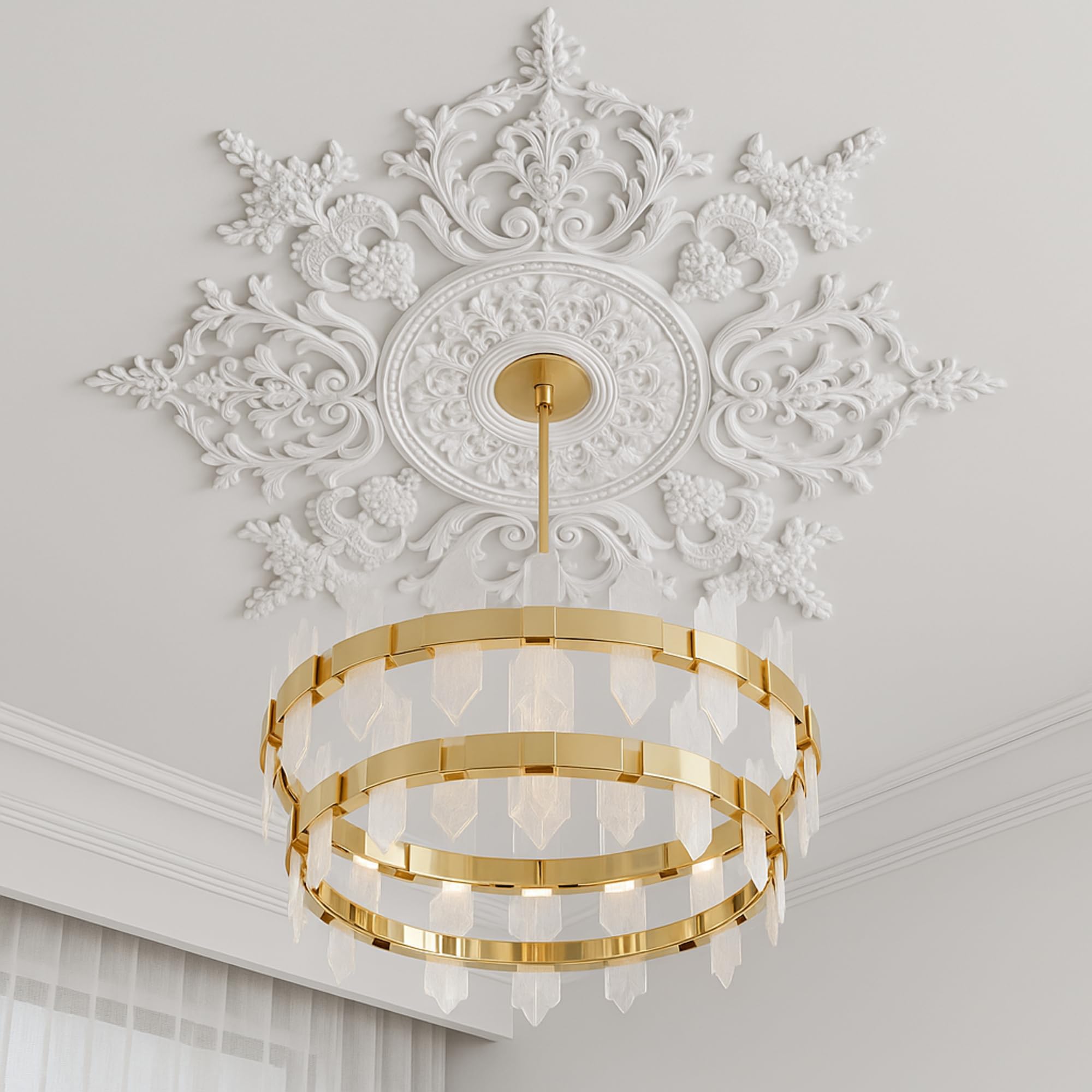 Photo 1 of Nuanchu Large PU Ceiling Medallion Combination Decorative 2.36'' ID French Style Chandelier Base Ceiling Medallion for Light Fixtures Victorian Rosette Light Covers for Chandeliers(32.7'',Stylish)