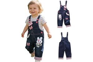 Baby Girls Jean Overalls 3D Bunny Embroidery Easter Outfit Adjustable Strap Denim Bib Overall Toddler Soft Cute Jumpsuit