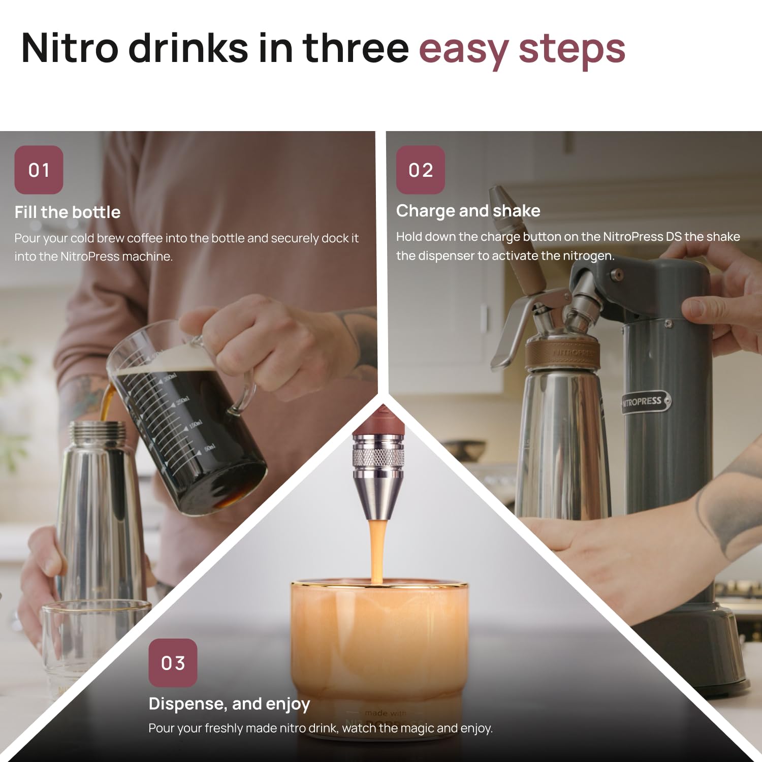 NitroPress DS – Electric Nitro Cold Brew Coffee & Cocktail Maker | Air-Powered Nitrogen Infuser for Smooth Nitro Drinks, Cocktails, Cold Brew & Tea at Home | No Gas Cartridges | Stainless Steel Design