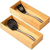 Umilife Bamboo Kitchen Utensils Organizer, Extra High Silverware Drawer Tray, Flatware Cutlery Storage Box, Multi-Use Holder in Office, Bathroom, Pantry - 15"x6"x2.5" (Set of 2)
