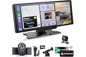 Kuayvan Wireless Portable Carplay Screen for Car - 10.26 Inch Carplay & Android Auto Car Touch Screen, with 4K Dash Cam, Backup Camera, Bluetooth, GPS Navigation, Navigation for All Vehicles