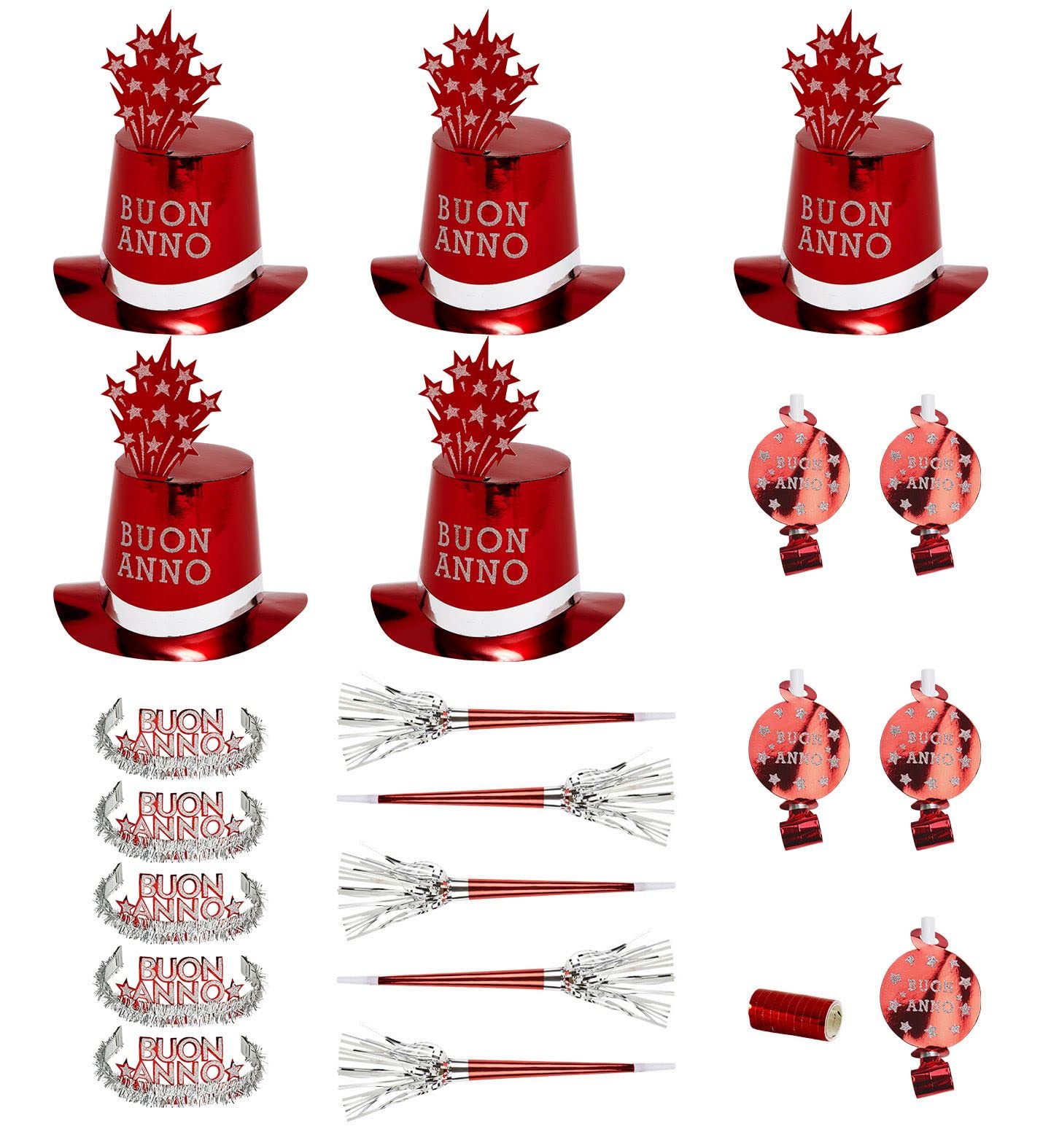 Widmann 8010I - Buon Anno Party Kit for 10 People, Adult Unisex, 5 Cylinders, 5 Crowns, 5 Sound Trumpets, 5 Sound Languages, 10 Streamers, New Year's Eve, Red Color