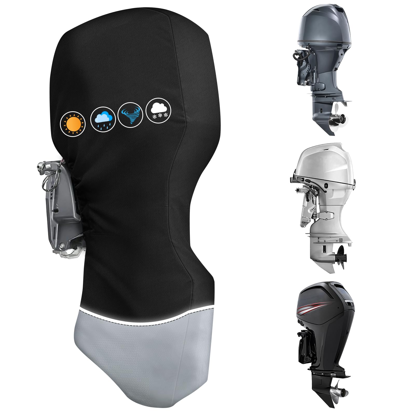 Photo 1 of Outboard Motor Cover, 1200D Full Boat Motor Cover with Soft Cotton Lining Fit 15-25 HP Motor, Waterproof & Heavy Duty, Windproof Boat Engine Cover with Elastic Drawstring, Zipper, Black Grey