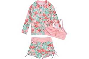 Funnycokid Girls Swimsuit 3 Pieces Zip Rash Guard Set Bikini Bathing Suits Boyshort Summer Kids Swimwear 3-12 Years