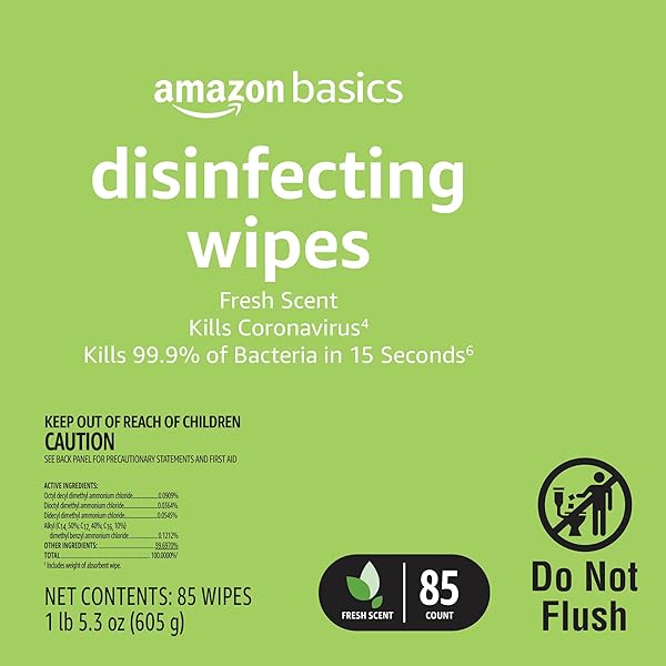 AMAZON BASICS WIPES, LEMON & FRESH SCENT, SANITIZES, CLEANS & DEODORIZES, 255 COUNT (3 PACKS OF 85)