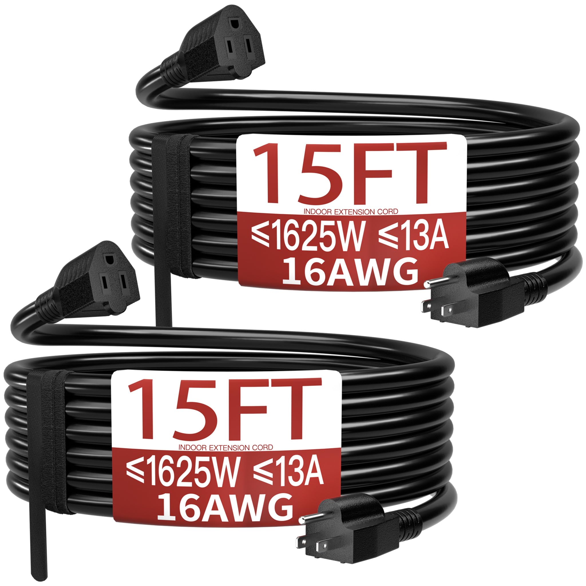 Photo 1 of 16/3 Indoor Extension Cord 15 FT 2 Pack, Black Extension Cord Flexible & Durable, 3 Prong Power Cable, Suitable for Home and Office, 13 Amp 1625 Watt 125VAC 16AWG, ETL Listed